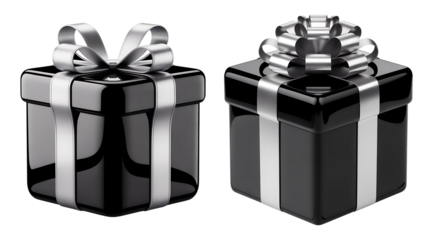 Two black gift boxes with silver ribbons elegant present for special occasions isolated on white background