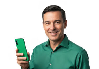 Smiling middle aged man holding a bright green smartphone in his left hand isolated on transparent background