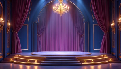 Obraz na płótnie Canvas Empty luxurious stage with royal blue walls and purple velvet curtains. A grand chandelier hangs above a circular platform with illuminated steps for performances or award ceremonies.