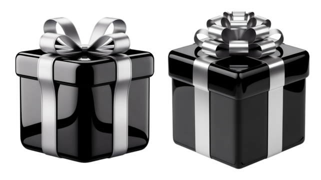 Two black gift boxes with silver ribbons elegant present for special occasions isolated on white background