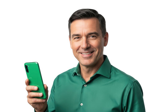 Smiling middle aged man holding a bright green smartphone in his left hand isolated on transparent background