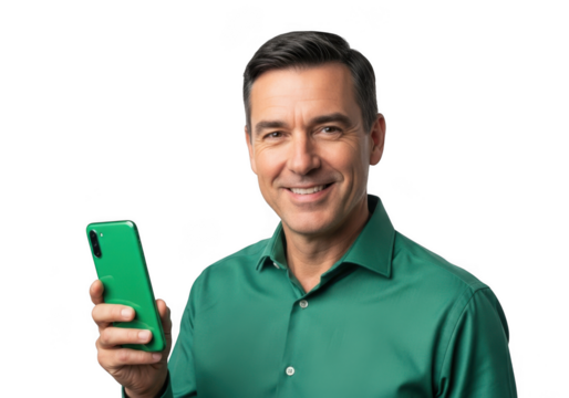 Smiling middle aged man holding a bright green smartphone in his left hand isolated on transparent background - Powered by Adobe