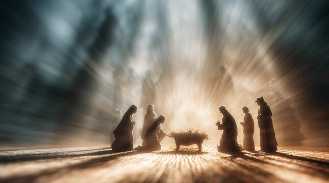 A blurred Nativity scene background with a soft, ethereal light beam providing focus, perfect for spiritual, holiday, or Christmas themes with ample copy space.