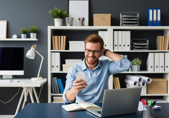 Joyful young man laughing at smartphone in modern office