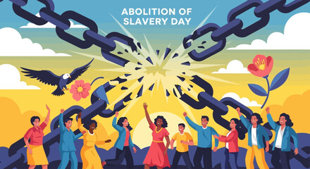 Celebrate Freedom with Diverse People on Abolition of Slavery Day with Broken Chains and Hopeful Eagle, a Powerful Reminder of Progress and Unity for a Better World