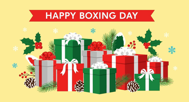 Celebrate Happy Boxing Day with this festive gift pile, perfect for holiday greetings, seasonal promotions, or warm wishes, featuring vibrant red and green presents, pinecones, and holly