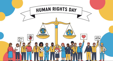 Diverse group advocating for Human Rights Day with powerful symbols of peace, justice, and equality, promoting global awareness and unity for social campaigns and educational purposes