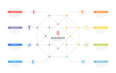 Venn diagram business infographic geometric line chart template 8 steps strategy, presentation with icon vector illustration.