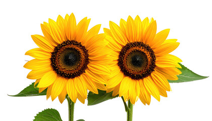 Obraz premium Two vibrant sunflowers, with yellow petals and dark centers, stand tall. Green leaves enhance their beauty. Black background