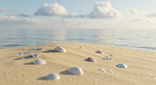 Seashells scattered on sandy beach with calm ocean in background  