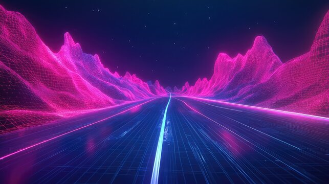 Digital wireframe landscape with neon road illuminating a synthwave night