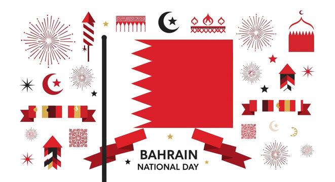 Celebrate Bahrain National Day with festive fireworks, traditional symbols, and vibrant cultural elements, perfect for event promotions, holiday greetings, and patriotic designs