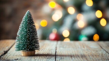Mini Christmas Tree Decor on Vintage Wooden Table, Festive Atmosphere Material