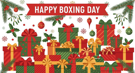 Celebrate Happy Boxing Day with festive gifts, holly, and ornaments for a joyful, post-Christmas celebration featuring red and green presents tied with beautiful bows