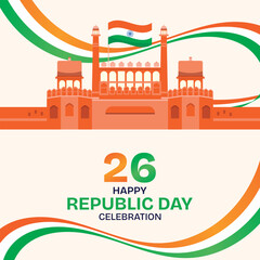 26 January India Republic Day Celebration with Red Fort and Tricolor Waves