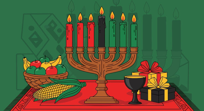 Celebrate Kwanzaa with vibrant candles, harvest fruits, and meaningful gifts, embodying unity and heritage, bringing the spirit of African culture to your holiday season