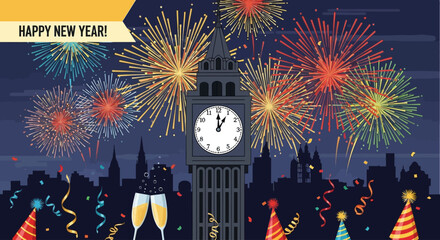 Celebrate the New Year with a dazzling fireworks display over a city skyline, champagne toasts, and festive party hats, marking a momentous countdown to midnight.