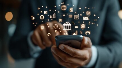 Businessman using smartphone, digital icons floating above - Powered by Adobe