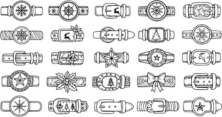 Hand-drawn Christmas and Winter Holiday Belt Buckles Vector Set. Doodle Style Belts with Festive Seasonal Elements like Snowflakes, Reindeer, Christmas Trees, and Holly.