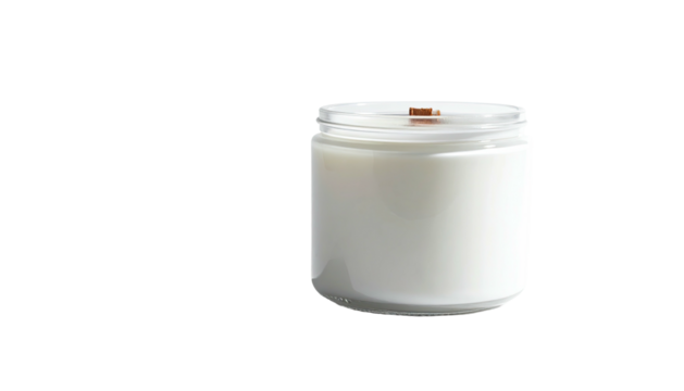 White candle in clear jar with wood wick