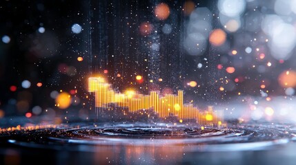 A glowing orange digital bar graph is shown descending on a circular platform, surrounded by bokeh lights and floating particles.