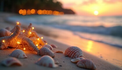 Seashells and starfish adorn a sandy beach at sunset. Warm fairy lights illuminate the shells near gentle ocean waves and soft sunset glow. Peaceful seaside ambiance.