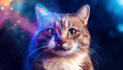 Mystical Tabby Cat Portrait with Neon Light and Glitter Effects on Dark Background