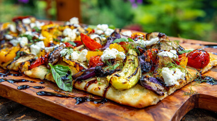 Grilled vegetable flatbread with feta and balsamic glaze