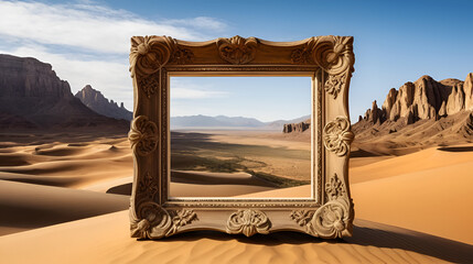 Empty ornate picture frame in desert capturing scenic landscape.