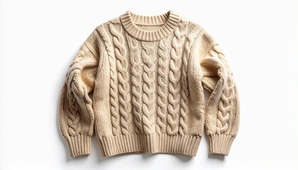 Beige cable-knit sweater with braided pattern on white backdrop.