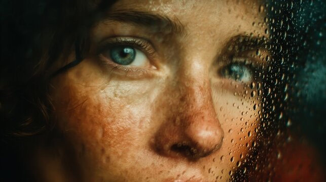 Woman's Face Close-Up with Raindrops on a Window, Intense and Emotional Portrait