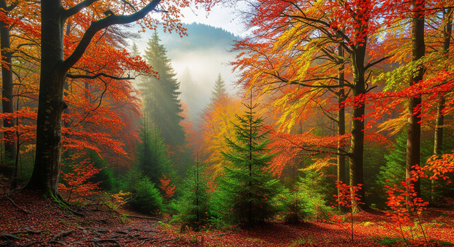 autumn forest, misty mountains, fall colors, morning fog, colorful trees, nature landscape, scenic mountain, woodland view, atmospheric lighting, outdoor scenery, vibrant foliage, high detail, natural