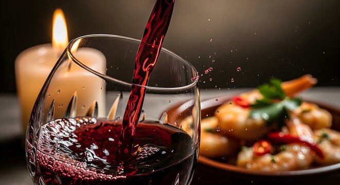 Pouring red wine into crystal glass with Spanish Gambas al Ajillo garlic shrimp tapas background - Powered by Adobe