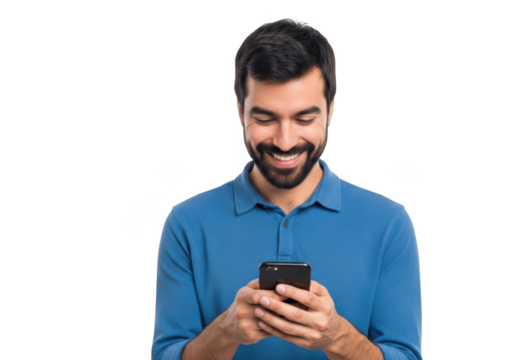 A smiling bearded man wearing a blue collared shirt holds a smartphone and looks down at the screen with focus isolated on transparent background