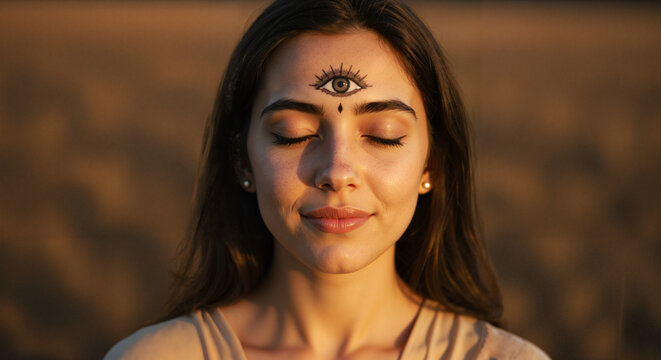 Young woman meditating outdoors with closed eyes and third eye symbol  