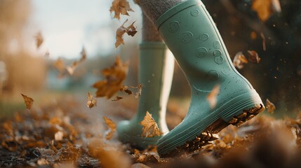 person walking through autumn leaves in rubber boots
