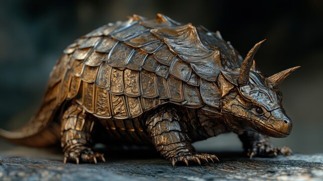 Armadillo Lizard, its spiny scales like tiny, overlapping shields of burnished bronze, surreal ancient warrior texture, dramatic heroic lighting