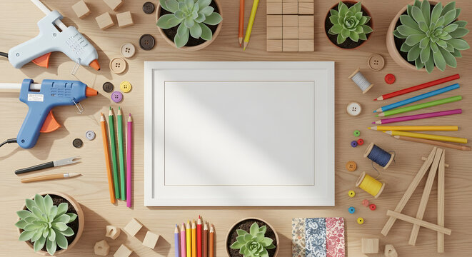 Vibrant arts and crafts flat lay with blank white frame mockup, hot glue guns, colorful pencils, succulents, and various craft supplies on a wooden table.