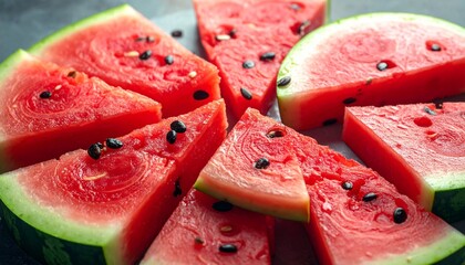 Circular arrangement of juicy watermelon slices with vibrant red and green contrast.