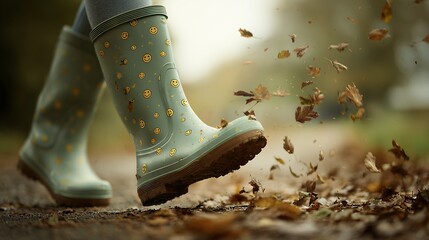 person in green polka dot rainboots kicking autumn leaves