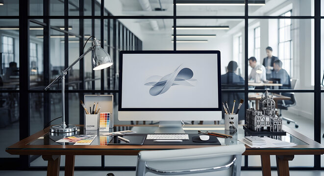 Modern office workspace with desktop computer displaying 3D design software, stylish lamp, and supplies on a wooden desk with a creative team in background. - Powered by Adobe