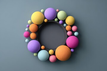 Playful Circular Frame of Colorful Matte Spheres with Soft 3D Shadows on a Muted Background.