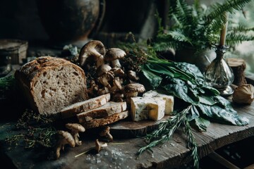 Rustic Still Life - Sliced Bread, Mushrooms, Cheese, and Greens in Dark, Moody Lighting.