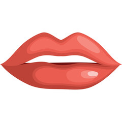 Close up of a woman's full coral lips slightly parted with a glossy finish against a clean white background conveying a sense of beauty and allure
