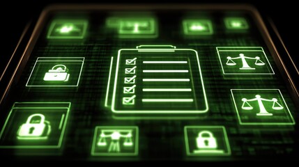 Digital legal compliance checklist online infographic tech environment close-up view legal framework for business operations