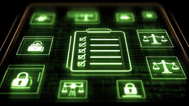 Digital legal compliance checklist online infographic tech environment close-up view legal framework for business operations