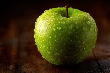 Macro shot of a vibrant green apple glistening with fresh water droplets on a dark, textured wooden surface.