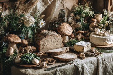 Rustic Still Life - Sliced Bread, Mushrooms, Cheese, and Flowers on Linen.