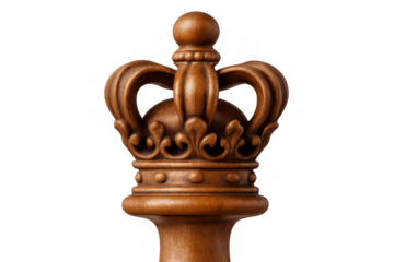 Wood carved chess king piece featuring ornate crown design, symbolizing power, victory, strategy, and royalty, on transparent background