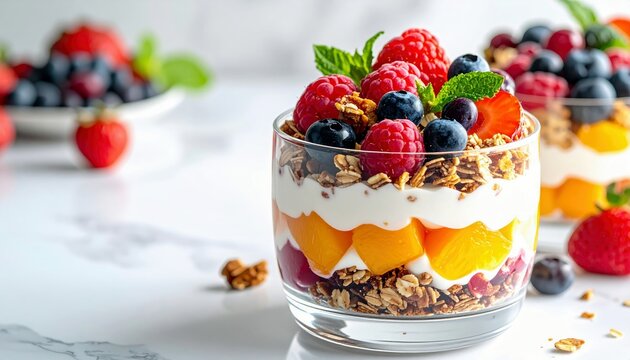 A refreshing parfait layered with yogurt, granola, diced peaches, and fresh berries, garnished with mint leaves.